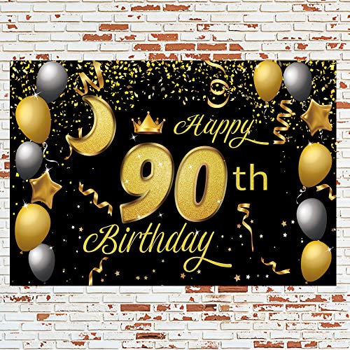 Sweet Happy 90th Birthday Backdrop Banner Poster 90 Birthday Party Decorations 90th Birthday Party Supplies 90th Photo Background for Girls,Boys,Women,Men - Black Gold 72.8 x 43.3 Inch