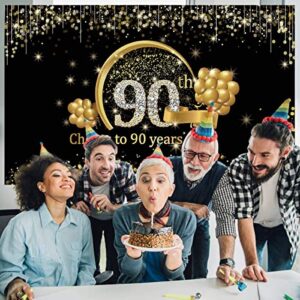 happy 90th birthday banner backdrop decorations for men women, black gold cheers to 90 years birthday sign party supplies, large ninety birthday photo booth poster decor