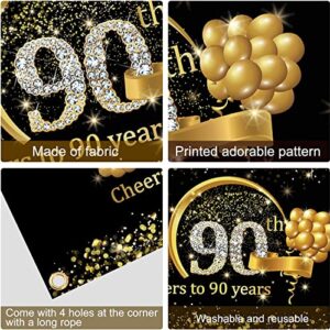 Happy 90th Birthday Banner Backdrop Decorations for Men Women, Black Gold Cheers to 90 Years Birthday Sign Party Supplies, Large Ninety Birthday Photo Booth Poster Decor