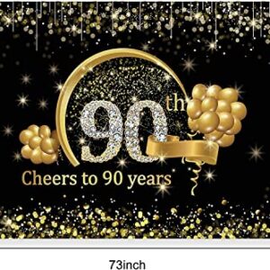 Happy 90th Birthday Banner Backdrop Decorations for Men Women, Black Gold Cheers to 90 Years Birthday Sign Party Supplies, Large Ninety Birthday Photo Booth Poster Decor