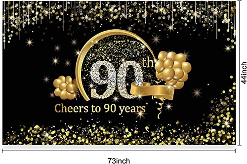 Happy 90th Birthday Banner Backdrop Decorations for Men Women, Black Gold Cheers to 90 Years Birthday Sign Party Supplies, Large Ninety Birthday Photo Booth Poster Decor