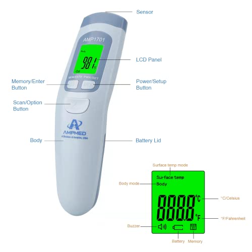 Amplim Non-Contact Digital Infrared Forehead Thermometer – Medical Grade, Touchless Accurate Instant Readings, Fever Alarm, Color LCD Display - for Adults, Babies, and Infants. FSA HSA Eligible