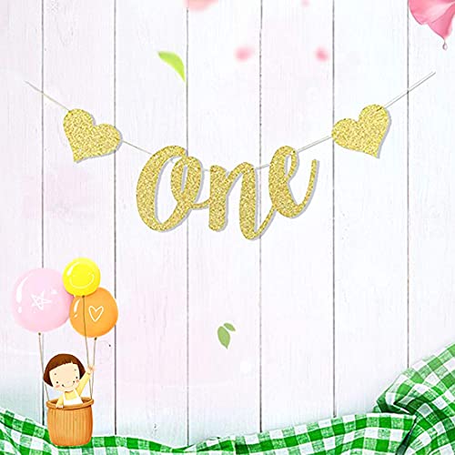 Morndew Gold Glitter One Banner and One Cake Toppers for Kids Birthday Party Baby Shower Wedding Party Bunting Decoration