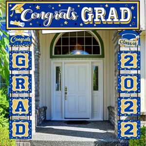 2022 graduation banner set blue graduation party decoration porch sign grad party supplies, class of 2022 congrats grad for college high school (blue and gold)