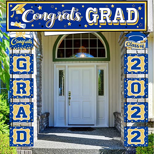2022 Graduation Banner Set Blue Graduation Party Decoration Porch Sign Grad Party Supplies, Class of 2022 Congrats Grad for College High School (Blue and Gold)