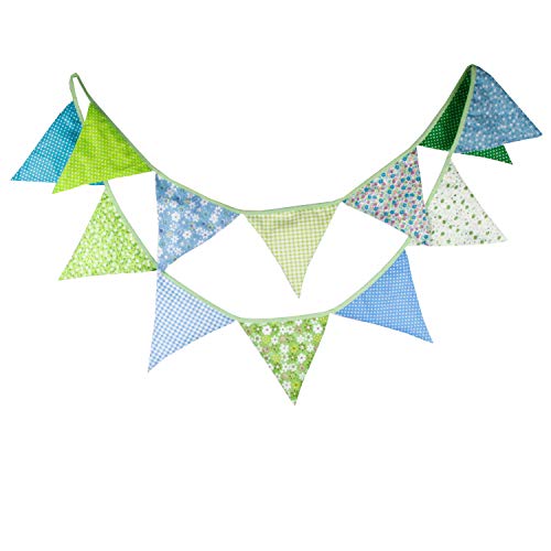 Batino Triangle Flag Bunting Banner Cotton Fabric Flag Pennant for Baby Shower Birthday Party Decor Supplies(Blue and Green)