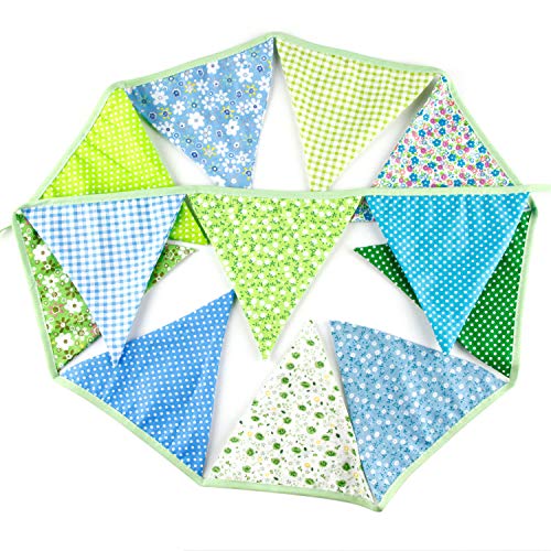 Batino Triangle Flag Bunting Banner Cotton Fabric Flag Pennant for Baby Shower Birthday Party Decor Supplies(Blue and Green)