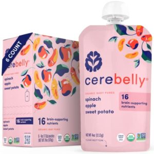 cerebelly baby food pouches – spinach apple sweet potato (4 oz, pack of 6) – toddler snacks – 16 brain-supporting nutrients from superfoods – healthy snacks, gluten-free, non-gmo, no added sugar