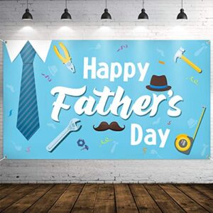watinc happy father’s day backdrop banner 78” x 45” extra large blue background banners shirt tie hat moustache polyester backdrops party decorations photo booth prop for indoor outdoor