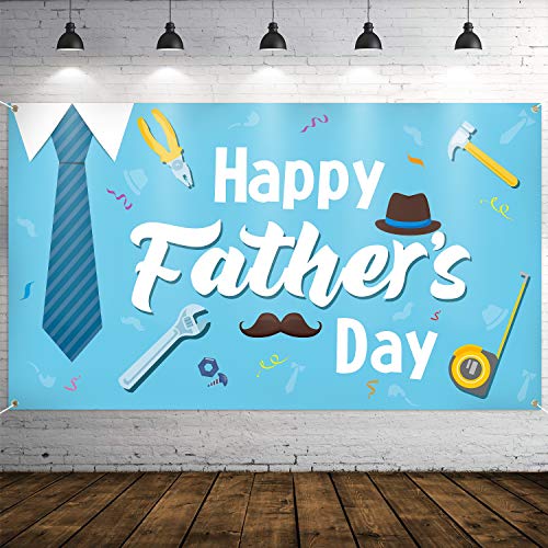 WATINC Happy Father’s Day Backdrop Banner 78” x 45” Extra Large Blue Background Banners Shirt Tie Hat Moustache Polyester Backdrops Party Decorations Photo Booth Prop for Indoor Outdoor