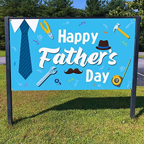 WATINC Happy Father’s Day Backdrop Banner 78” x 45” Extra Large Blue Background Banners Shirt Tie Hat Moustache Polyester Backdrops Party Decorations Photo Booth Prop for Indoor Outdoor