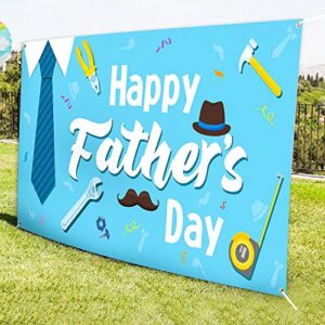 WATINC Happy Father’s Day Backdrop Banner 78” x 45” Extra Large Blue Background Banners Shirt Tie Hat Moustache Polyester Backdrops Party Decorations Photo Booth Prop for Indoor Outdoor