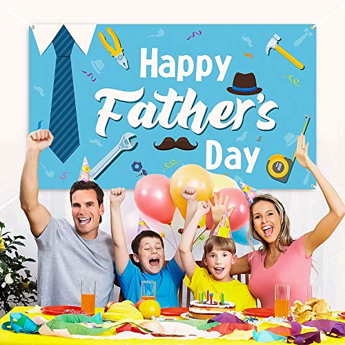 WATINC Happy Father’s Day Backdrop Banner 78” x 45” Extra Large Blue Background Banners Shirt Tie Hat Moustache Polyester Backdrops Party Decorations Photo Booth Prop for Indoor Outdoor