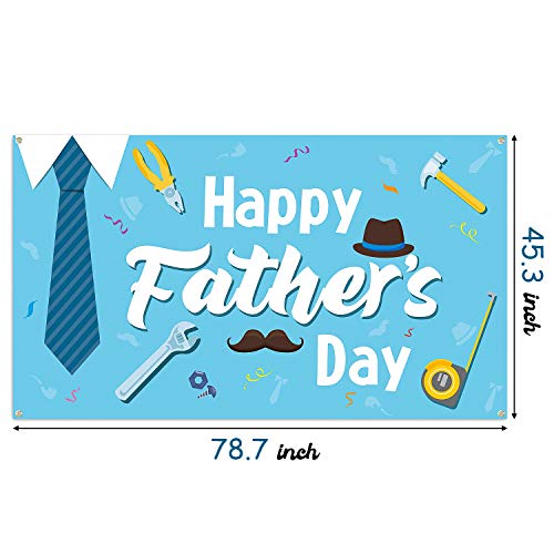 WATINC Happy Father’s Day Backdrop Banner 78” x 45” Extra Large Blue Background Banners Shirt Tie Hat Moustache Polyester Backdrops Party Decorations Photo Booth Prop for Indoor Outdoor