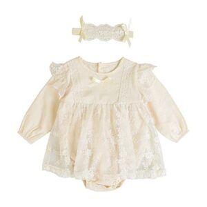 hoolchean baby infant girls’ lace beige bodysuits dress with headband, 0-6 months