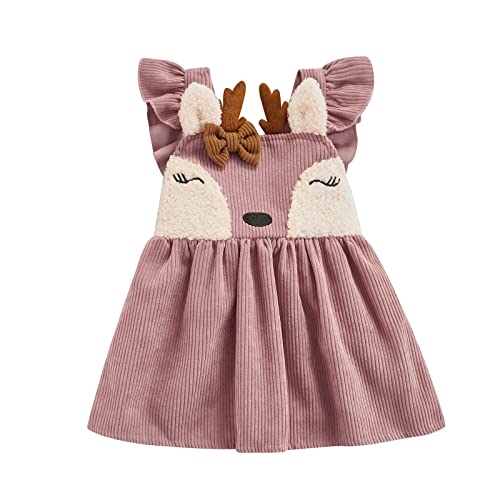 VISGOGO 0-3Y Princess Infant Baby Girls Dress Corduroy Ruffles Sleeve Deer Cartoon Printed Bow A-Line Mini Dress (Pink, 12-18 Months)