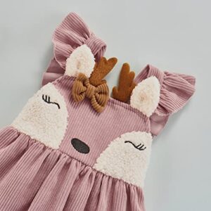 VISGOGO 0-3Y Princess Infant Baby Girls Dress Corduroy Ruffles Sleeve Deer Cartoon Printed Bow A-Line Mini Dress (Pink, 12-18 Months)