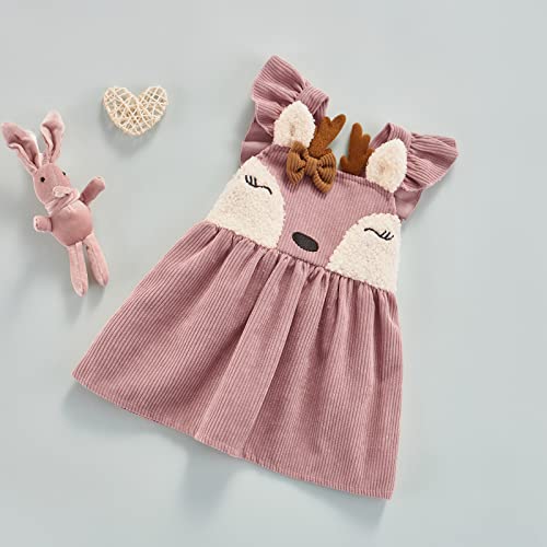 VISGOGO 0-3Y Princess Infant Baby Girls Dress Corduroy Ruffles Sleeve Deer Cartoon Printed Bow A-Line Mini Dress (Pink, 12-18 Months)