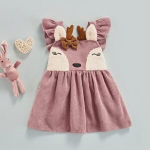 VISGOGO 0-3Y Princess Infant Baby Girls Dress Corduroy Ruffles Sleeve Deer Cartoon Printed Bow A-Line Mini Dress (Pink, 12-18 Months)