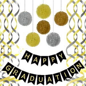 graduation party decorations 2022, happy graduation banner with 6 pom poms 2 gold 2 yellow 2 sliver, 6 swirls 3 gold 3 sliver, graduation decorations, graduation party supplies 2022