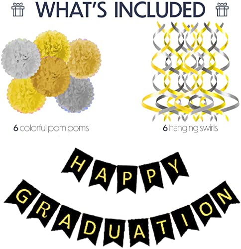 Graduation Party Decorations 2022, Happy Graduation Banner with 6 Pom Poms 2 Gold 2 Yellow 2 Sliver, 6 Swirls 3 Gold 3 Sliver, Graduation Decorations, Graduation Party Supplies 2022