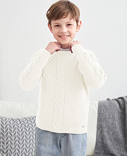 Kid Boys Girls Crewneck Pullover Sweater Long Sleeve Solid Color Chunky Jumper Knit Pullover Outwear,White,7-8 Years