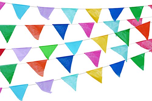 Colorful 115 ft long 70 Carnival Flag Triangle pennant banner garland. 5 Pack,Plastic for fiesta party, circus decorations supplies multicolor, Car dealer business Grand opening welcome advertising de