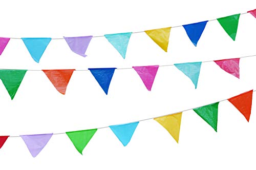 Colorful 115 ft long 70 Carnival Flag Triangle pennant banner garland. 5 Pack,Plastic for fiesta party, circus decorations supplies multicolor, Car dealer business Grand opening welcome advertising de