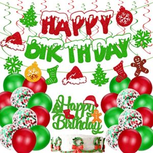 christmas birthday decoration happy birthday banner christmas cake topper red green hanging swirls balloons for merry christmas tree winter snow happy new year theme party supplies