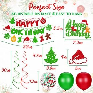 Christmas Birthday Decoration Happy Birthday Banner Christmas Cake Topper Red Green Hanging Swirls Balloons for Merry Christmas Tree Winter Snow Happy New Year Theme Party Supplies