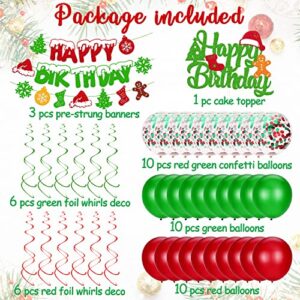 Christmas Birthday Decoration Happy Birthday Banner Christmas Cake Topper Red Green Hanging Swirls Balloons for Merry Christmas Tree Winter Snow Happy New Year Theme Party Supplies