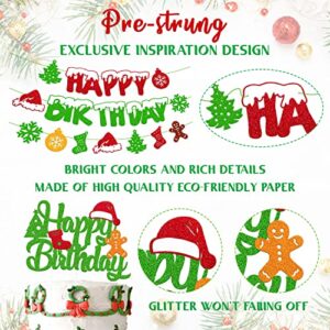 Christmas Birthday Decoration Happy Birthday Banner Christmas Cake Topper Red Green Hanging Swirls Balloons for Merry Christmas Tree Winter Snow Happy New Year Theme Party Supplies