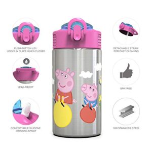 Zak Designs Peppa Pig 15.5oz Stainless Steel Kids Water Bottle with Flip-up Straw Spout - BPA Free Durable Design, Peppa Pig SS, Single Wall
