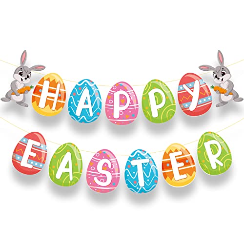 Happy Easter Banner Garland Easter Banner Paper Easter Bunnies Egg Sign for Party Decorations Supplies Home Decor for Mantle Fireplace…