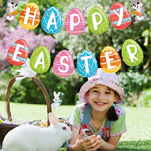 Happy Easter Banner Garland Easter Banner Paper Easter Bunnies Egg Sign for Party Decorations Supplies Home Decor for Mantle Fireplace…