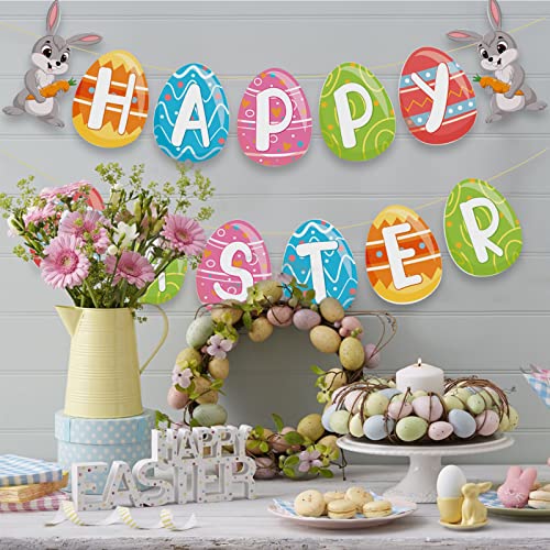 Happy Easter Banner Garland Easter Banner Paper Easter Bunnies Egg Sign for Party Decorations Supplies Home Decor for Mantle Fireplace…