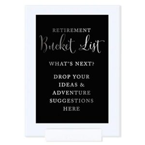 andaz press framed retirement party signs, metallic silver ink on black, 4×6-inch, retirement bucket list, what’s next? drop your ideas and adventure suggestions here, 1-pack