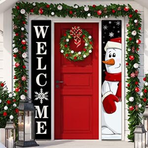 christmas porch sign banner winter welcome front porch banner merry christmas snowman santa claus door banner for xmas holiday front door wall hanging decorations supplies indoor outdoor (snowman)