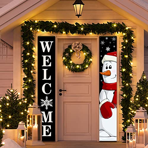 Christmas Porch Sign Banner Winter Welcome Front Porch Banner Merry Christmas Snowman Santa Claus Door Banner for Xmas Holiday Front Door Wall Hanging Decorations Supplies Indoor Outdoor (Snowman)
