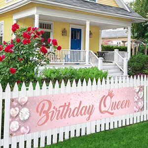 pink birthday queen large banner sign, happy birthday party decorations supplies for women, birthday gifts for women outside outdoor decor