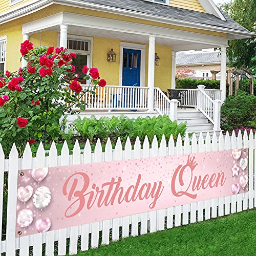 Pink Birthday Queen Large Banner Sign, Happy Birthday Party Decorations Supplies For Women, Birthday Gifts for Women Outside Outdoor Decor