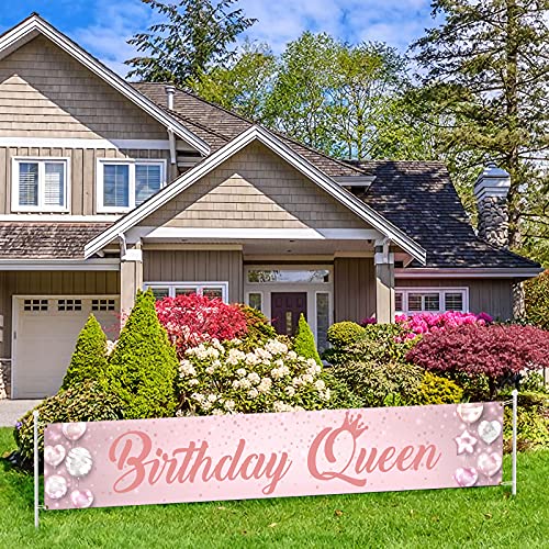 Pink Birthday Queen Large Banner Sign, Happy Birthday Party Decorations Supplies For Women, Birthday Gifts for Women Outside Outdoor Decor