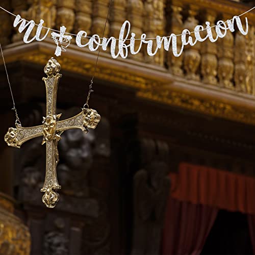Mi Confirmación Banner, Holy Confirmation Decorations, Wedding, Bridal Shower, God Bless, Baptism Party Decorations Silver Glitter