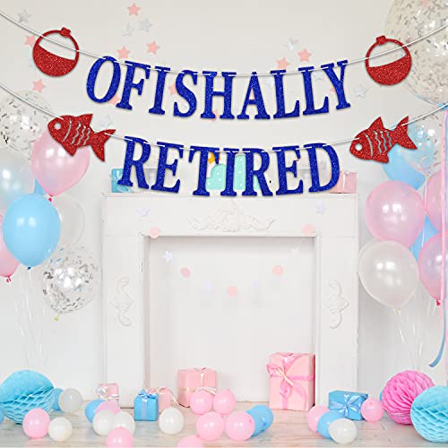 Ofishally Retired Banner with Fish Bobber Decor for Happy Retirement Party Decorations, Fishing Themed Retirement Party Decoration, Gone Fishing Themed Party Decoration Supply Blue Red Glitter.