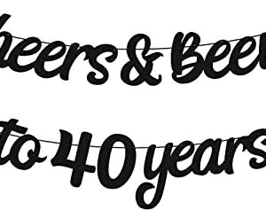 Cheers and Beers to 40th Years Banner 40th Birthday Decorations for Men Women 40s Birthday Backdrop Wedding Anniversary Party Supplies Black Glitter Decorations Pre-Strung