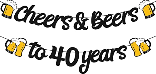 Cheers and Beers to 40th Years Banner 40th Birthday Decorations for Men Women 40s Birthday Backdrop Wedding Anniversary Party Supplies Black Glitter Decorations Pre-Strung