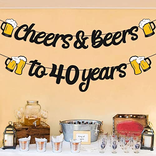 Cheers and Beers to 40th Years Banner 40th Birthday Decorations for Men Women 40s Birthday Backdrop Wedding Anniversary Party Supplies Black Glitter Decorations Pre-Strung