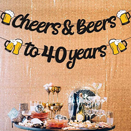 Cheers and Beers to 40th Years Banner 40th Birthday Decorations for Men Women 40s Birthday Backdrop Wedding Anniversary Party Supplies Black Glitter Decorations Pre-Strung