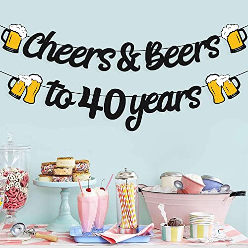 Cheers and Beers to 40th Years Banner 40th Birthday Decorations for Men Women 40s Birthday Backdrop Wedding Anniversary Party Supplies Black Glitter Decorations Pre-Strung