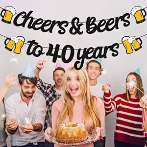 Cheers and Beers to 40th Years Banner 40th Birthday Decorations for Men Women 40s Birthday Backdrop Wedding Anniversary Party Supplies Black Glitter Decorations Pre-Strung